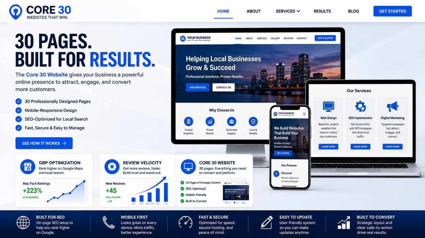 Core 30 website template showing a 30-page site built for local service businesses across desktop, tablet, and mobile
