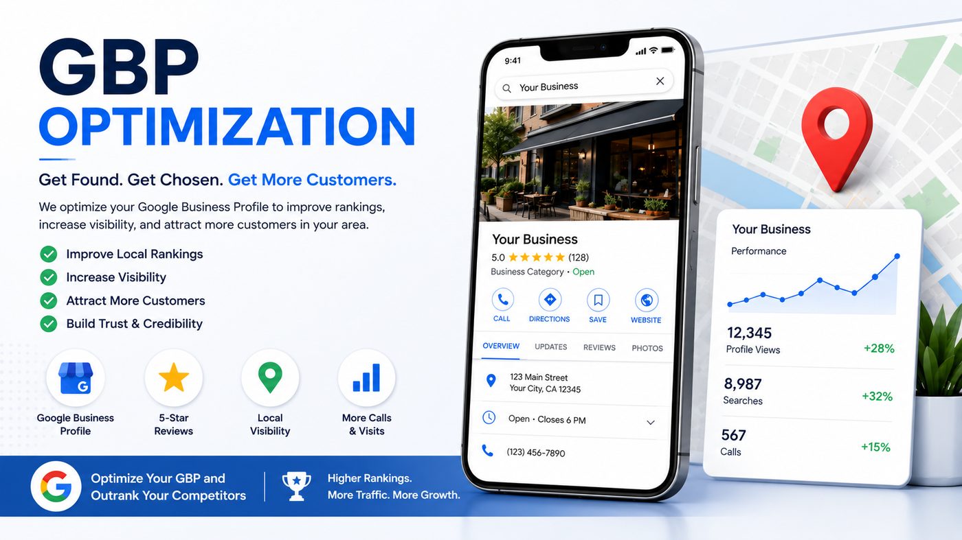 Google Business Profile optimization dashboard showing improved rankings, visibility, and performance metrics