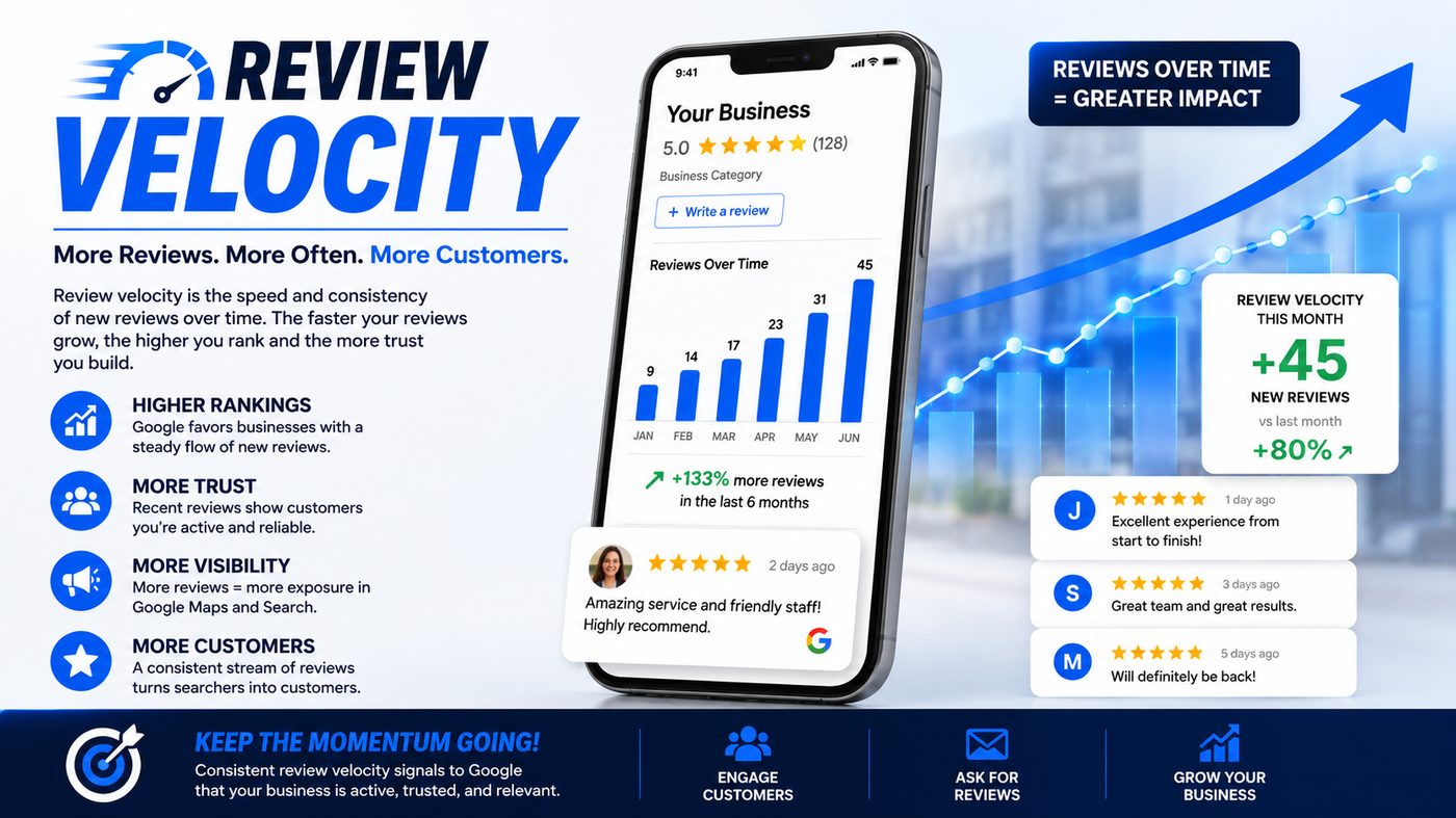 Review velocity dashboard showing new reviews accumulating over time on a phone